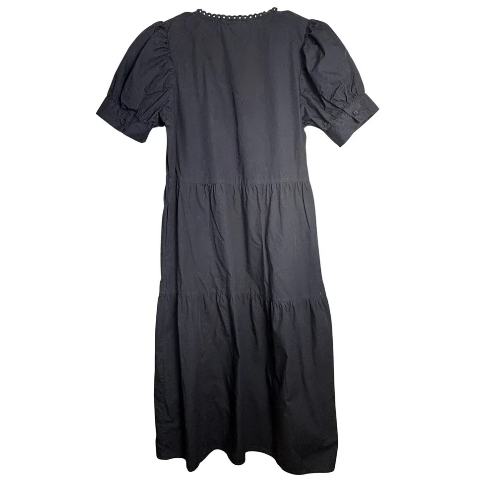 WHO WHAT WEAR Black Tiered Dress Cotton Pockets Puff Sleeve Crochet Neck SMALL - Picture 4 of 6